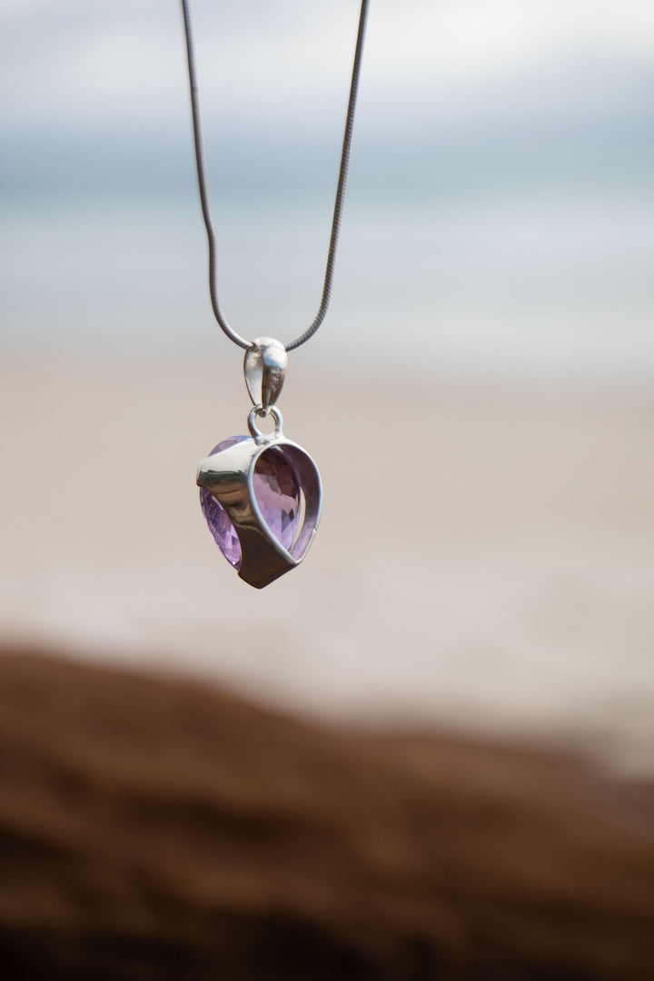 Faceted Amethyst Teardrop Pendant in Sterling Silver Setting