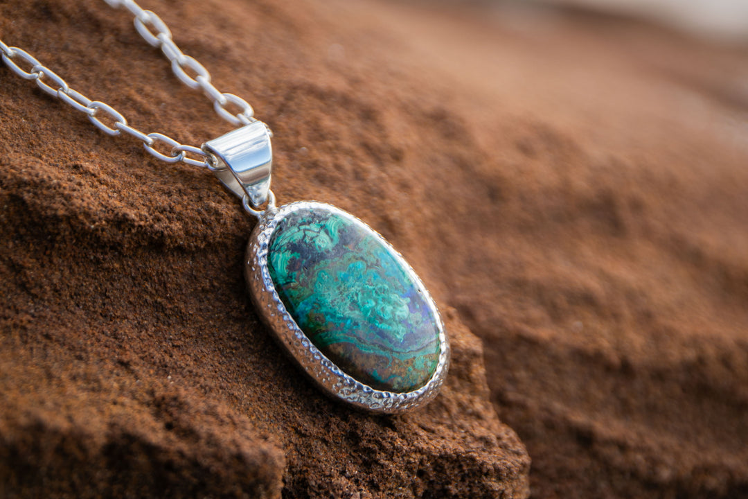 Stunning Oval Chrysocolla Pendant in Unique Bezel Sterling Silver