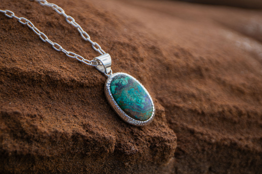 Stunning Oval Chrysocolla Pendant in Unique Bezel Sterling Silver