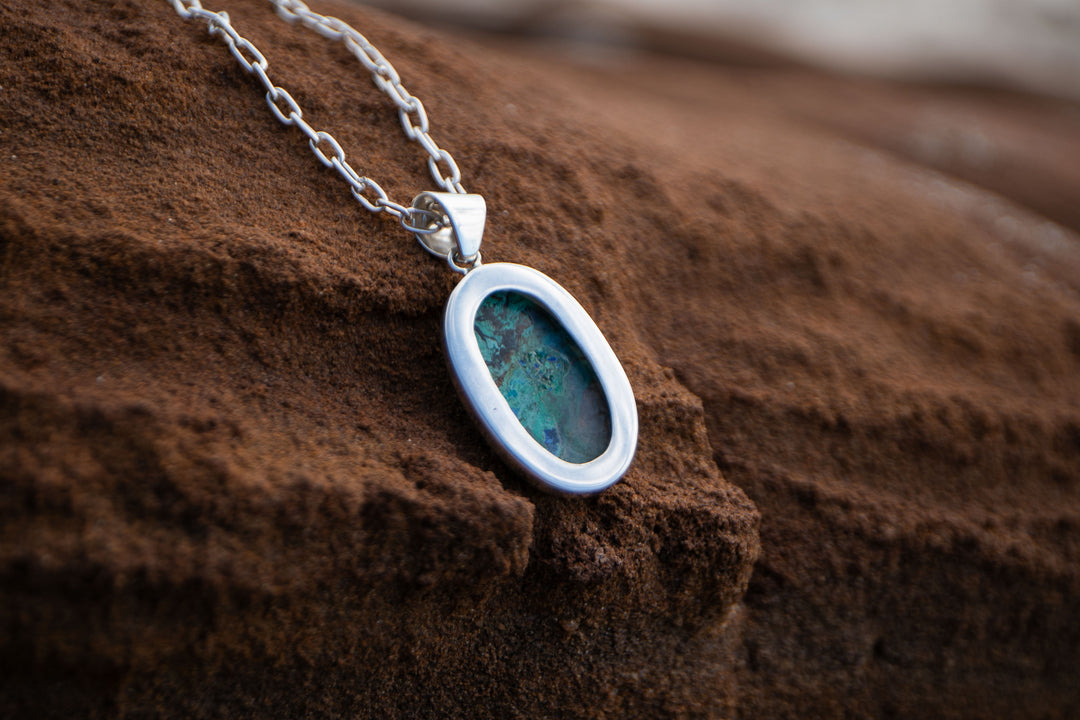 Stunning Oval Chrysocolla Pendant in Unique Bezel Sterling Silver