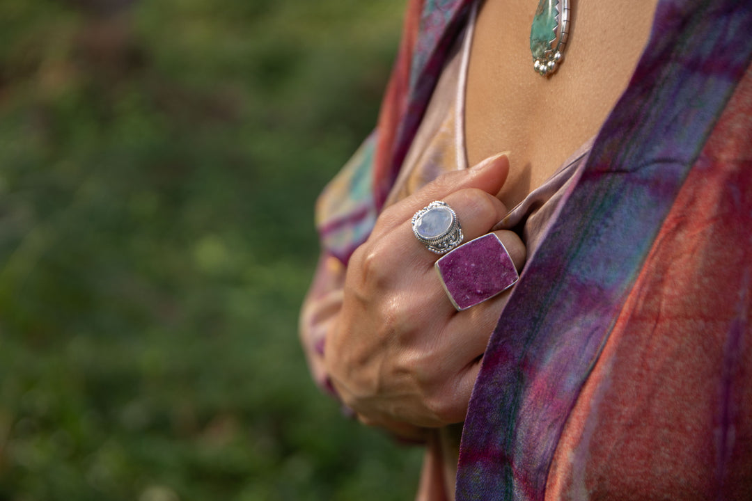Raw Pink Cobalto Calcite Ring set in Brushed Sterling Silver with Adjustable Band
