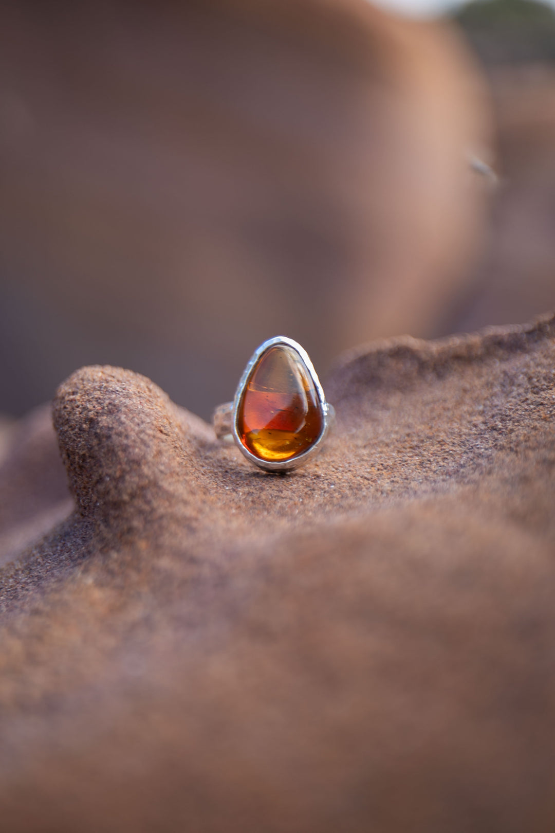 Amber Ring set in Beaten Sterling Silver - Size 6.5 US