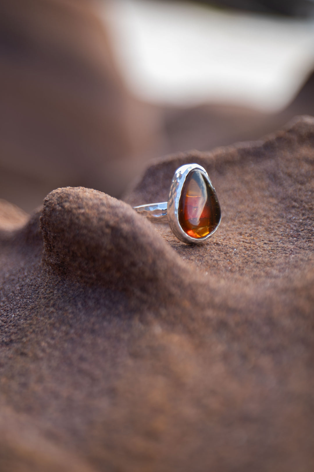 Amber Ring set in Beaten Sterling Silver - Size 6.5 US