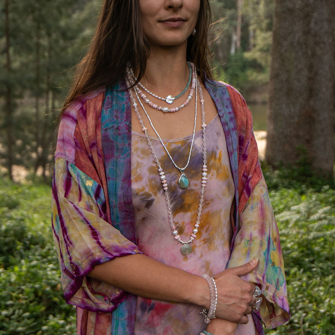 Rose Quartz, Pink Opal and Pearl Mala Style Necklace with Thai Hill Tribe Silver + Om Charm