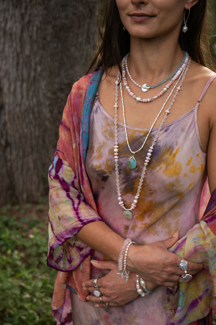 Rose Quartz, Pink Opal and Pearl Mala Style Necklace with Thai Hill Tribe Silver + Om Charm