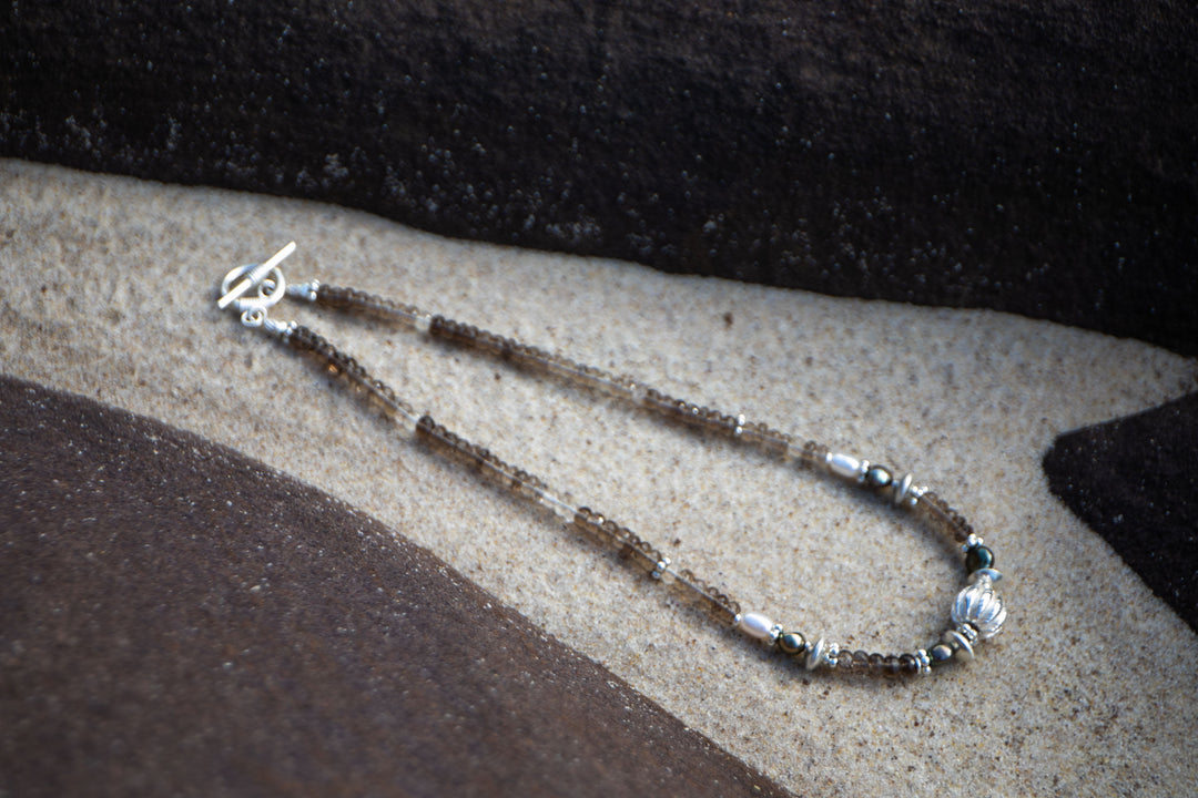 Smokey Quartz, Pearl and Thai Hill Tribe Silver Necklace