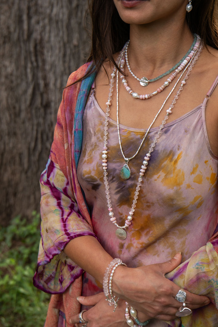 Pink Opal, Rose Quartz and Freshwater Pearl Necklace with Thai Hill Tribe Silver