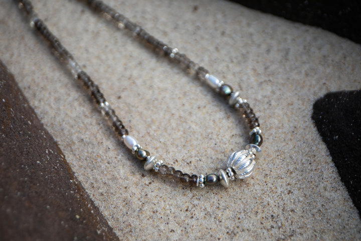 Smokey Quartz, Pearl and Thai Hill Tribe Silver Necklace