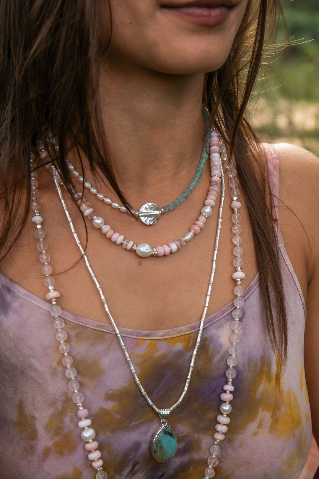 Pink Opal, Rose Quartz and Freshwater Pearl Necklace with Thai Hill Tribe Silver