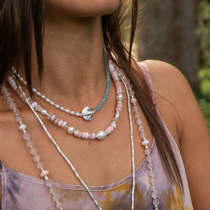 Pink Opal, Rose Quartz and Freshwater Pearl Necklace with Thai Hill Tribe Silver