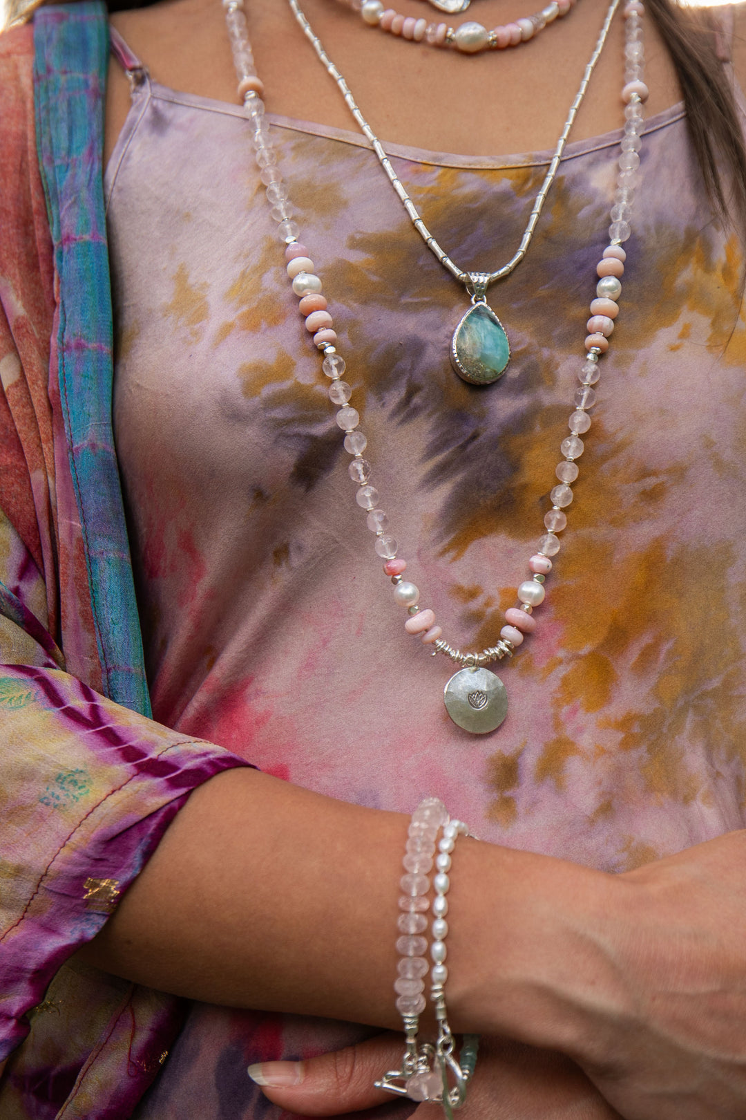 Rose Quartz, Pink Opal and Pearl Mala Style Necklace with Thai Hill Tribe Silver + Om Charm