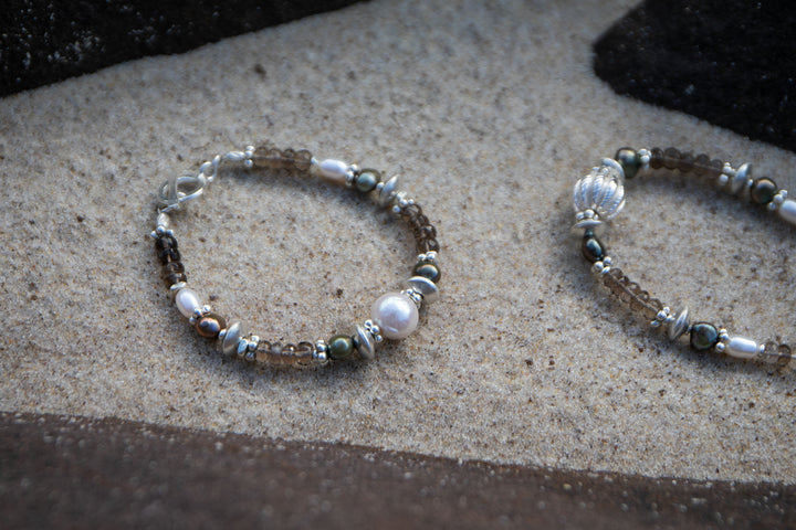 Smokey Quartz, Pearl and Thai Hill Tribe Silver Bracelet