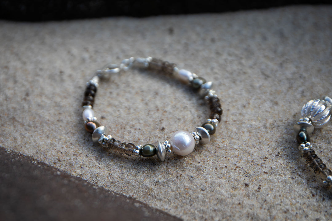 Smokey Quartz, Pearl and Thai Hill Tribe Silver Bracelet