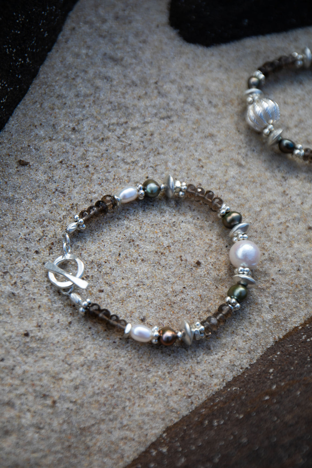 Smokey Quartz, Pearl and Thai Hill Tribe Silver Bracelet