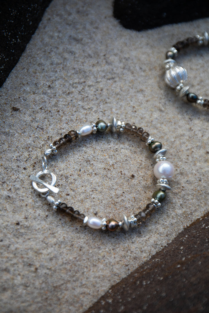 Smokey Quartz, Pearl and Thai Hill Tribe Silver Bracelet