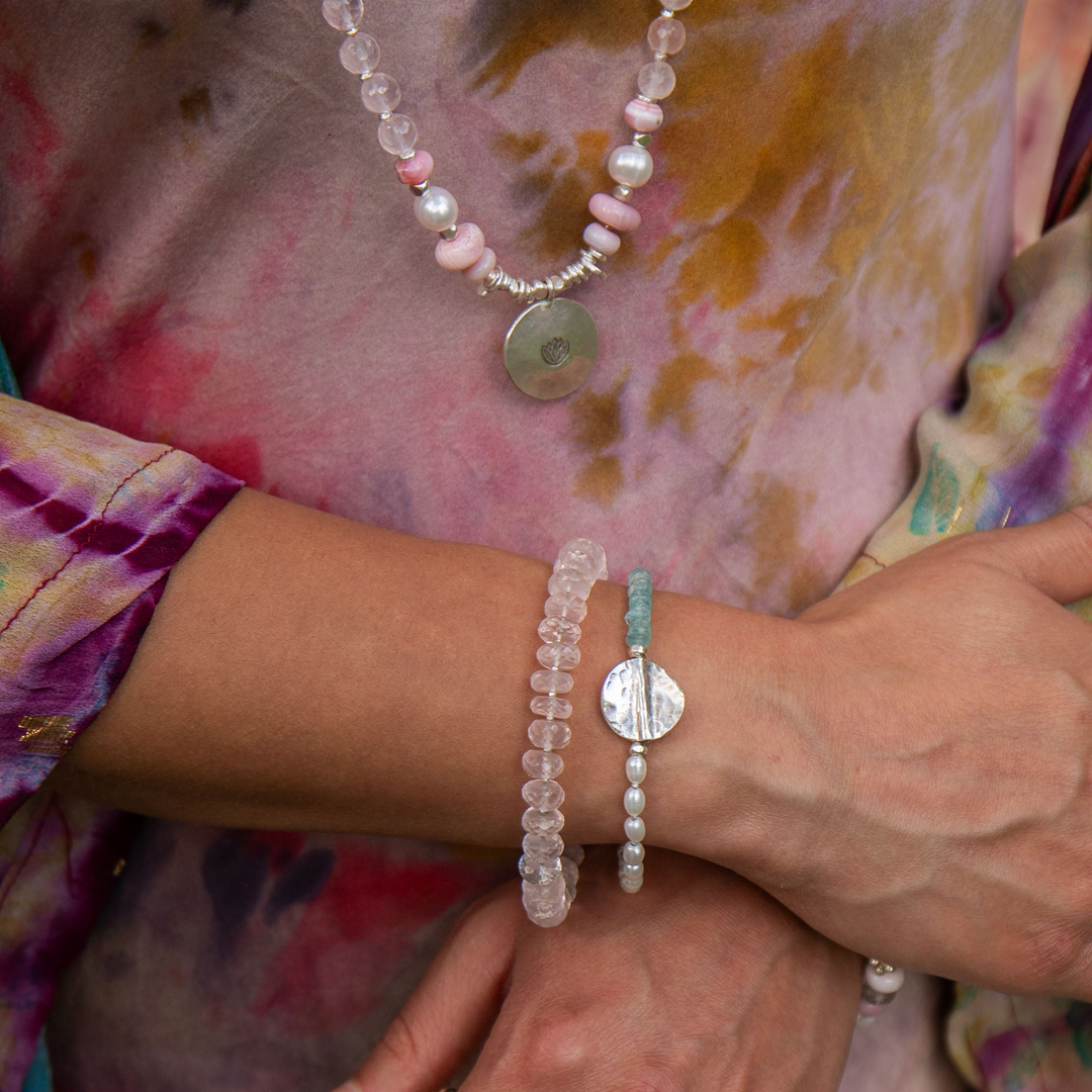 Beaded Rose Quartz Bracelet with Thai Hill Tribe Silver
