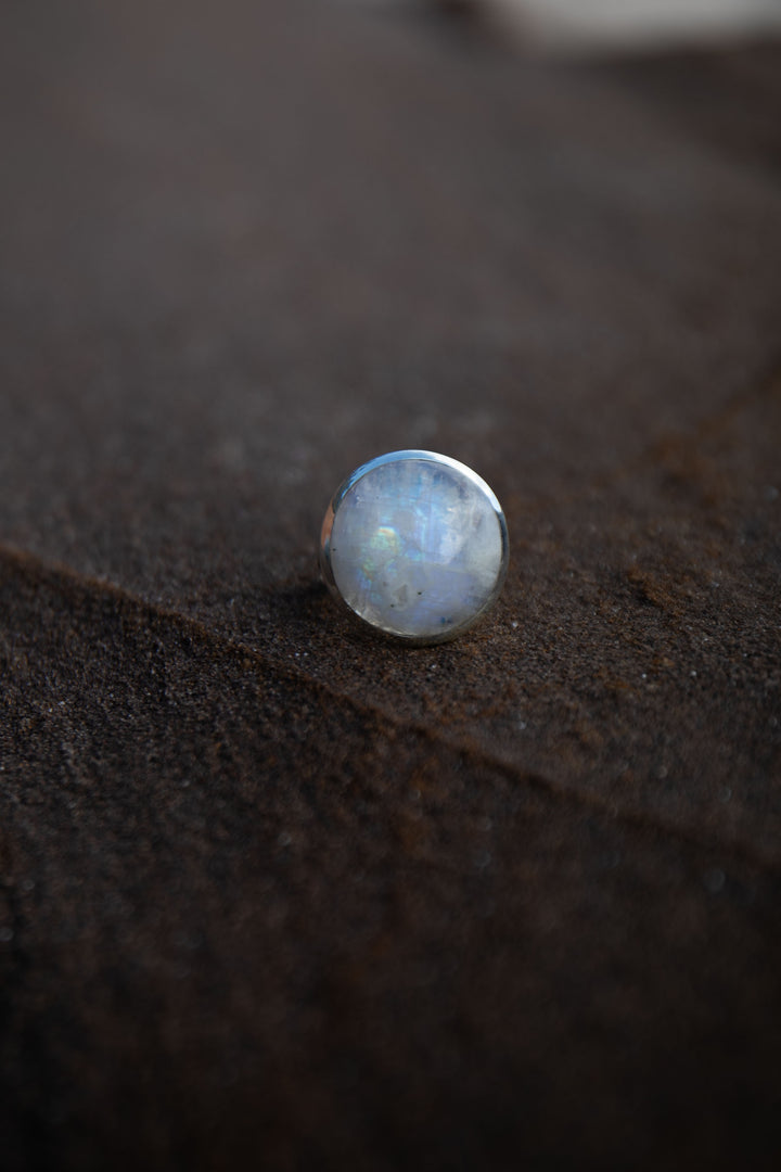 Round Rainbow Moonstone Ring in Beaten Sterling Silver Setting - Size 11 US