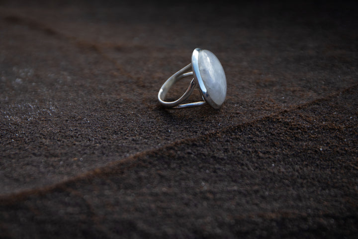 Round Rainbow Moonstone Ring in Beaten Sterling Silver Setting - Size 11 US