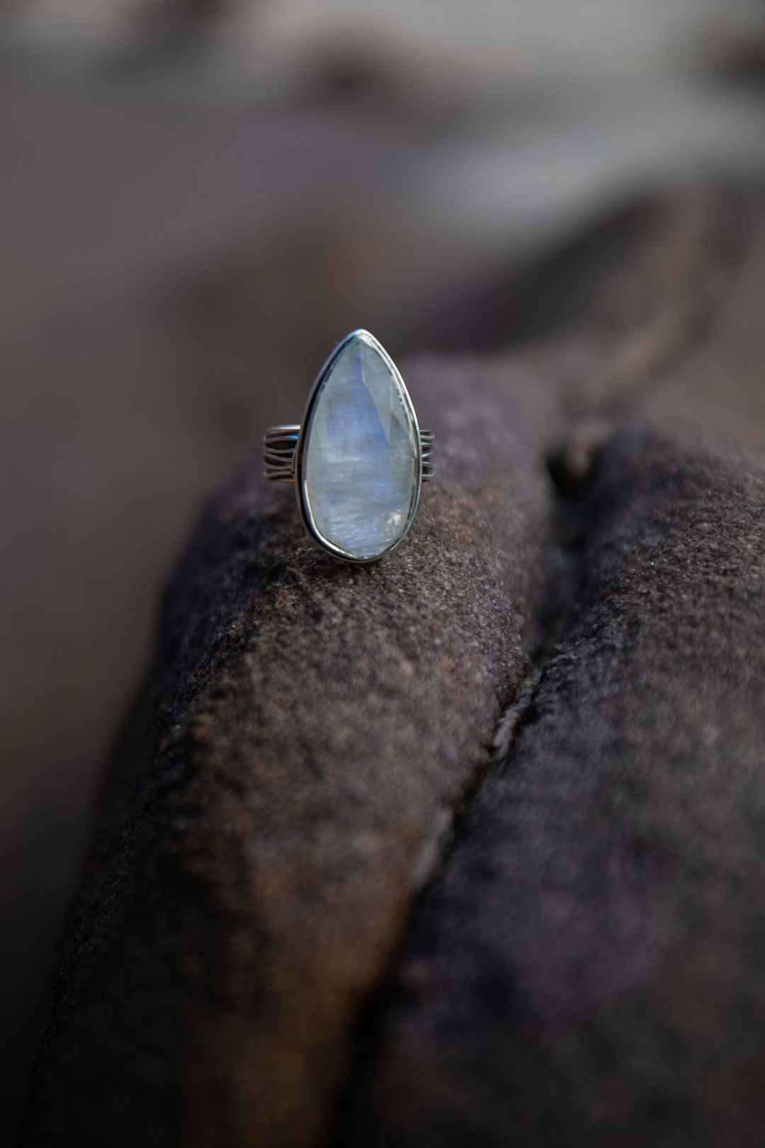 Teardrop Rainbow Moonstone Ring in Unique Sterling Silver Setting - Size 8.5 US