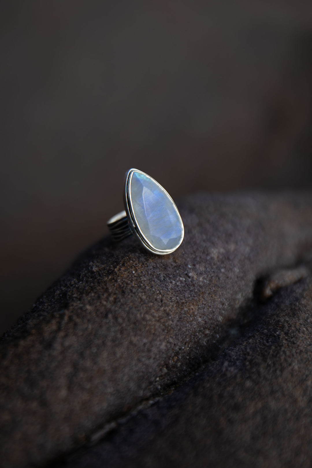 Teardrop Rainbow Moonstone Ring in Unique Sterling Silver Setting - Size 8.5 US