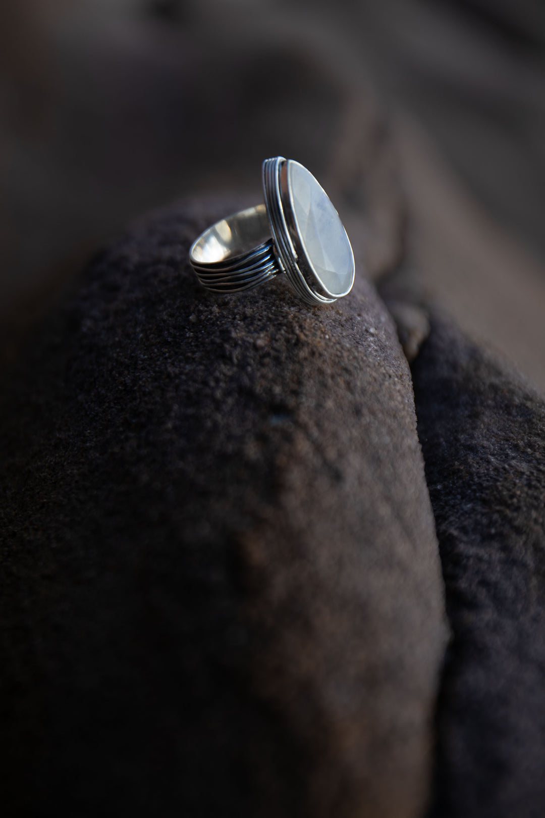 Teardrop Rainbow Moonstone Ring in Unique Sterling Silver Setting - Size 8.5 US