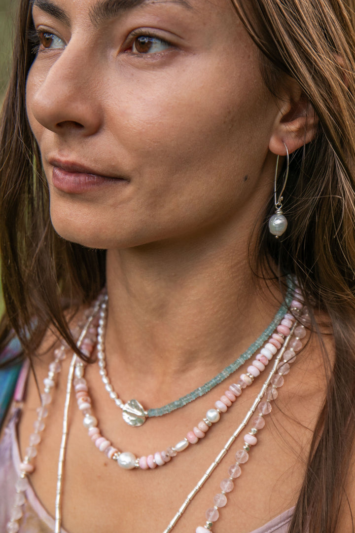 Pink Opal, Rose Quartz and Freshwater Pearl Necklace with Thai Hill Tribe Silver