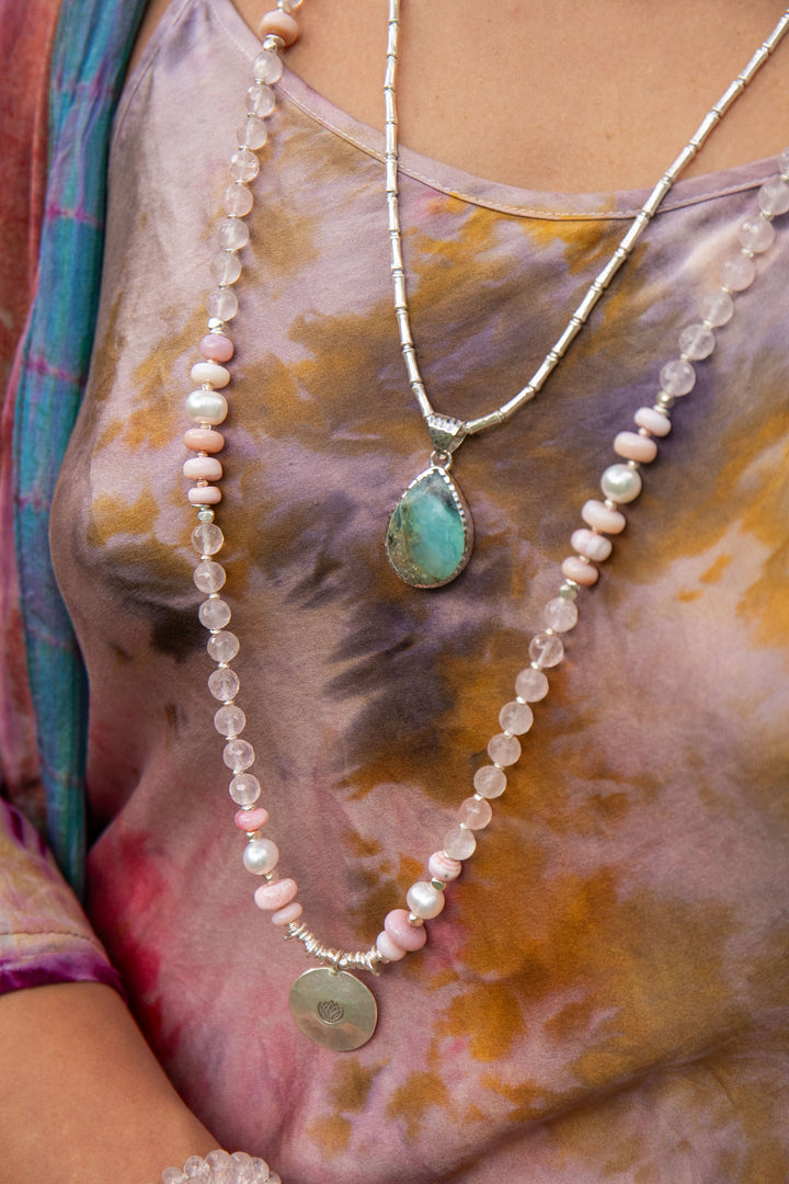 Rose Quartz, Pink Opal and Pearl Mala Style Necklace with Thai Hill Tribe Silver + Om Charm