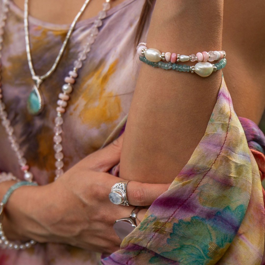 Pink Opal, Rose Quartz and Freshwater Pearl Bracelet with Thai Hill Tribe Silver