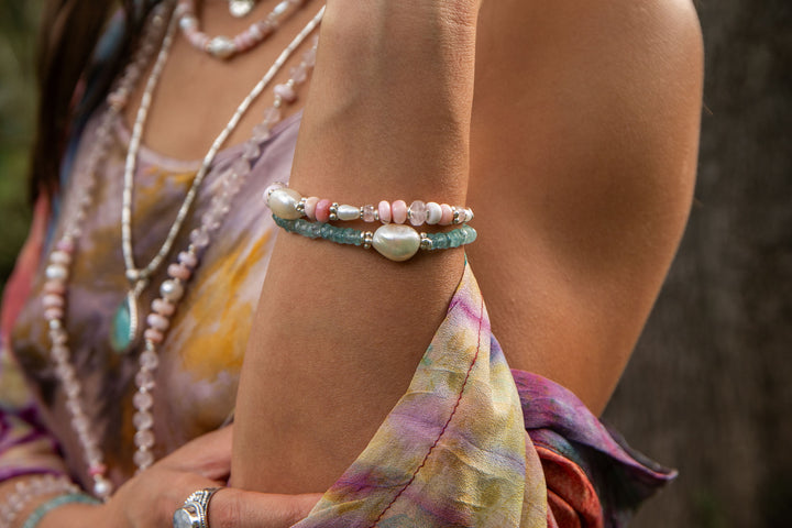 Pink Opal, Rose Quartz and Freshwater Pearl Bracelet with Thai Hill Tribe Silver