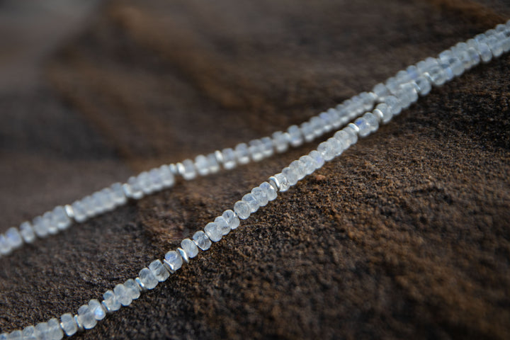 Rainbow Moonstone Pendant on Beaded Moonstone and Thai Hill Tribe Silver Chain