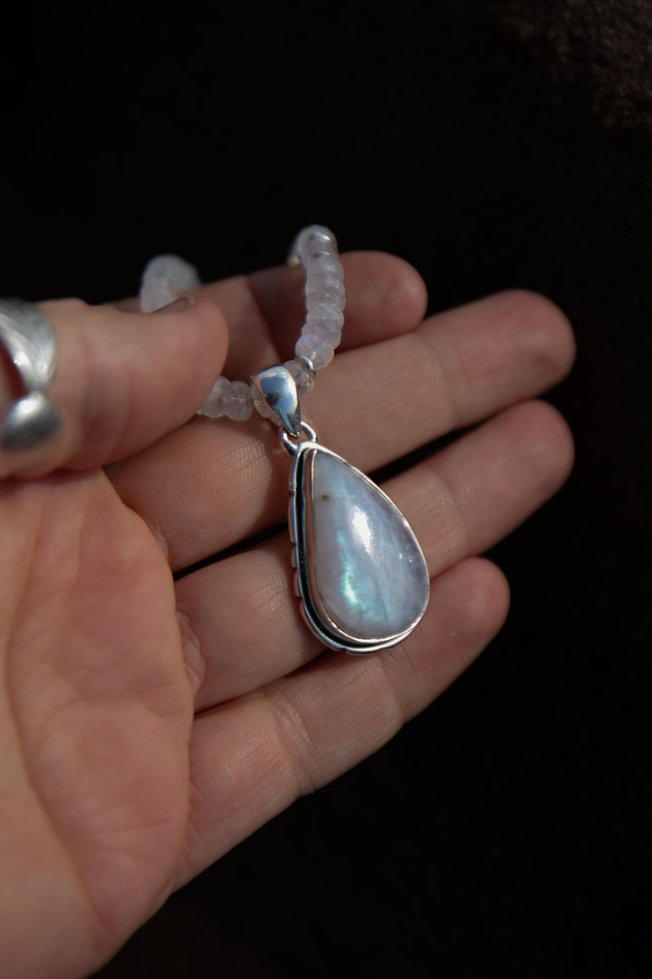 Rainbow Moonstone Pendant on Beaded Moonstone and Thai Hill Tribe Silver Chain