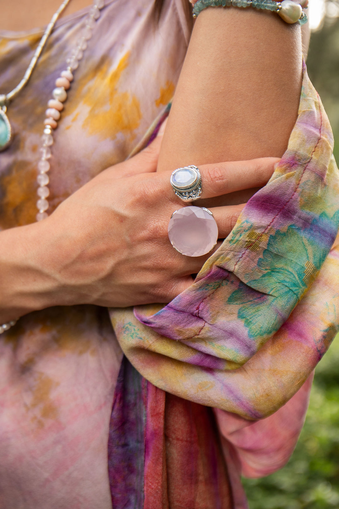 Statement Rose Quartz Ring in Sterling Silver Unique Setting - Size 9 US