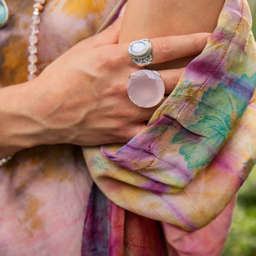 Statement Rose Quartz Ring in Sterling Silver Unique Setting - Size 9 US