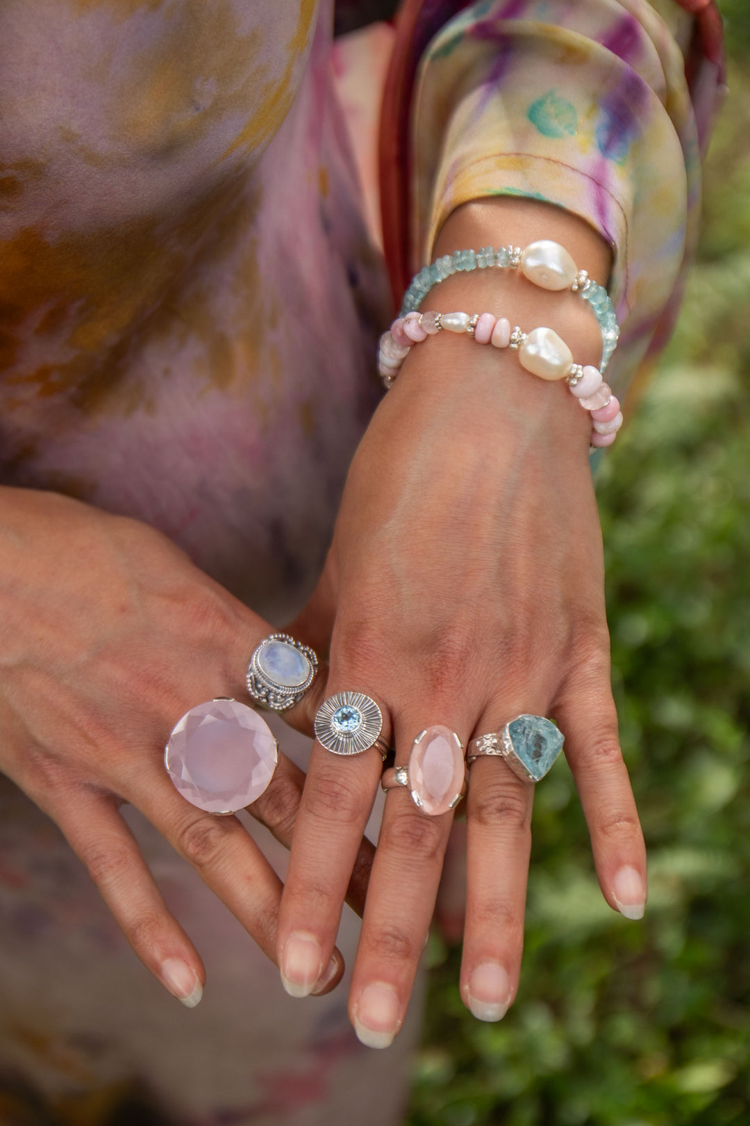 Pink Opal, Rose Quartz and Freshwater Pearl Bracelet with Thai Hill Tribe Silver