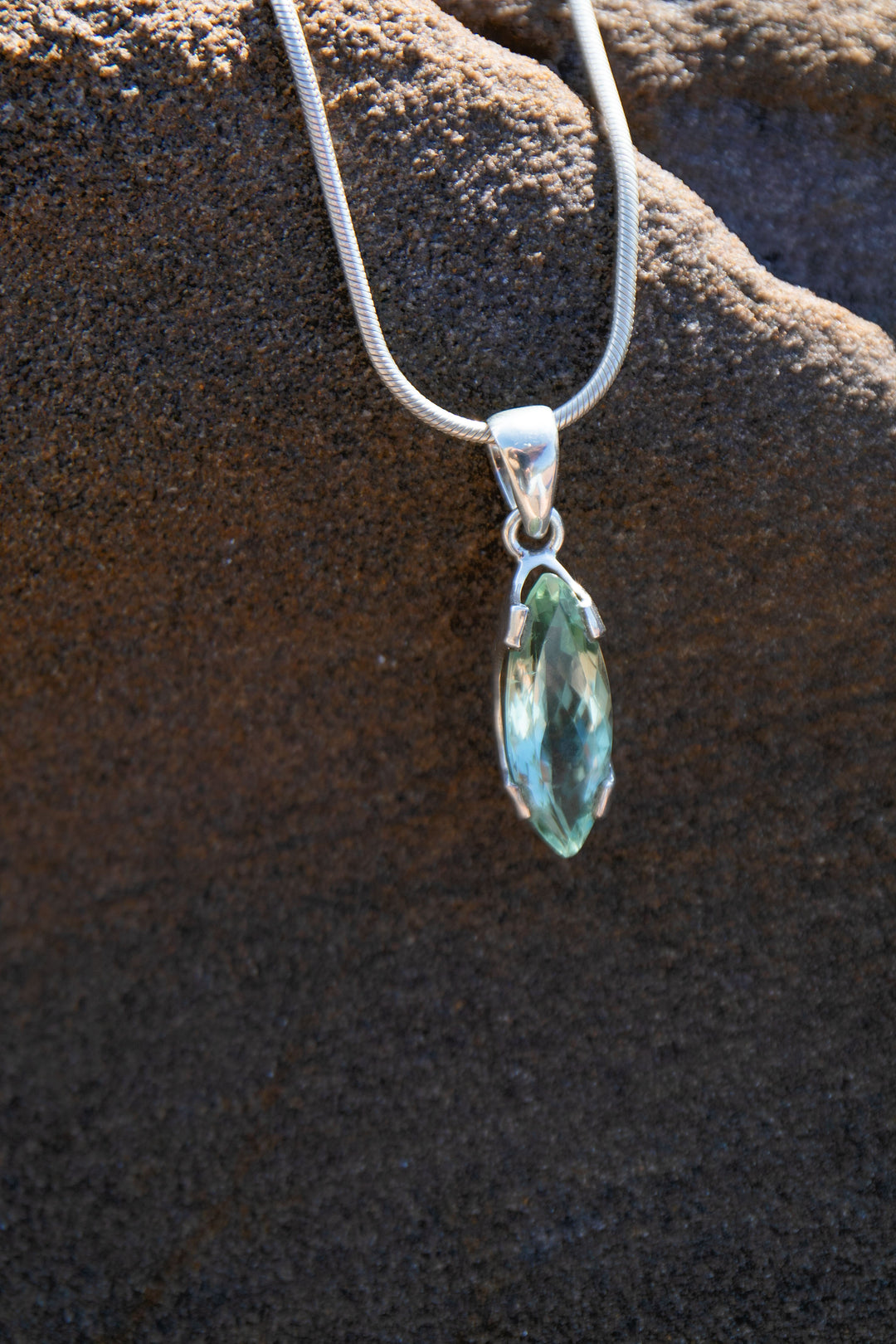 Faceted Green Amethyst Prasiolite Pendant in Unique Sterling Silver