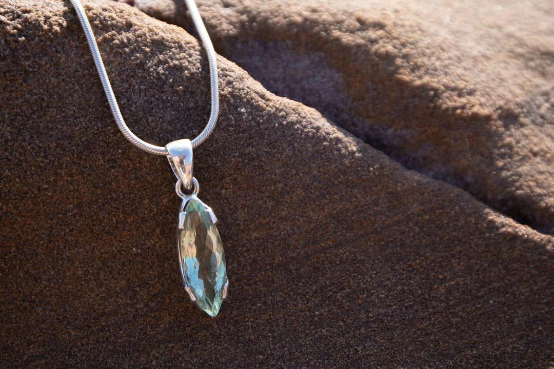 Faceted Green Amethyst Prasiolite Pendant in Unique Sterling Silver