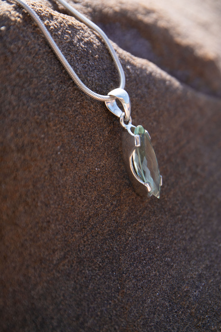 Faceted Green Amethyst Prasiolite Pendant in Unique Sterling Silver