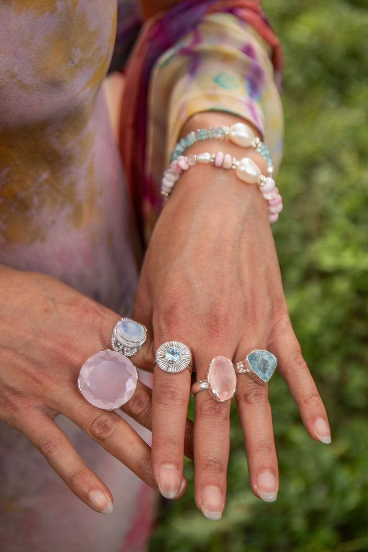 Pink Rose Quartz Ring set in Sterling Silver - Size 8 US