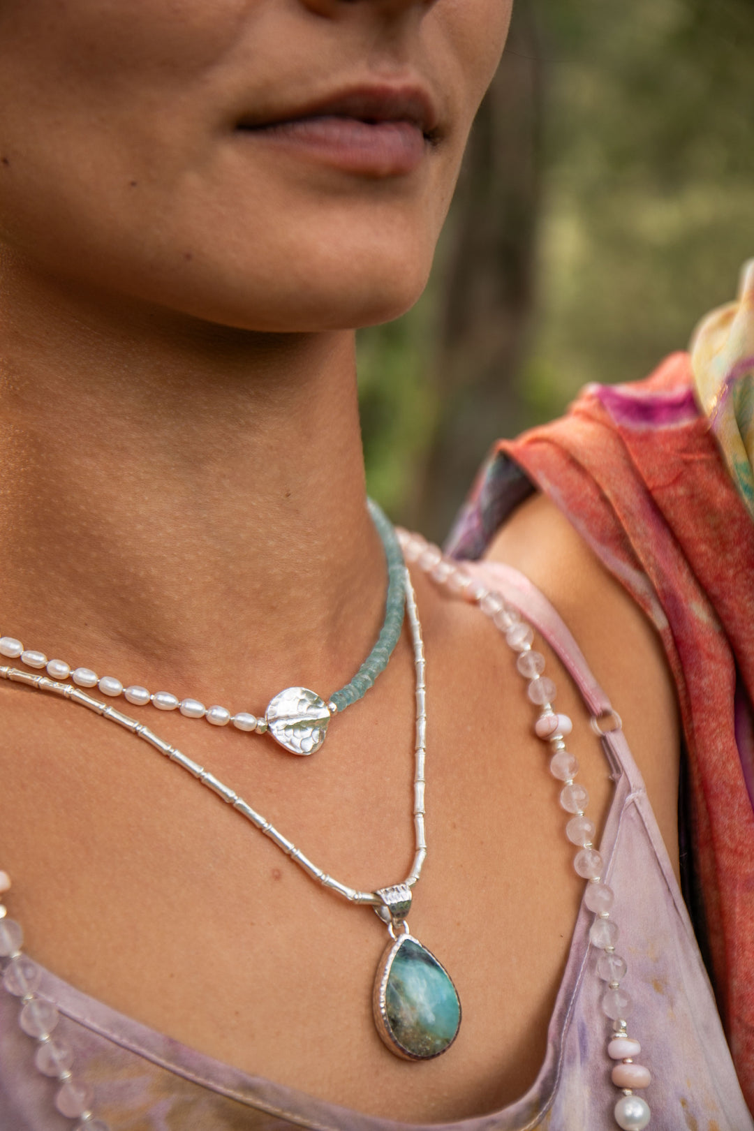 Pearl and Aquamarine Necklace with Thai Hill Tribe Silver