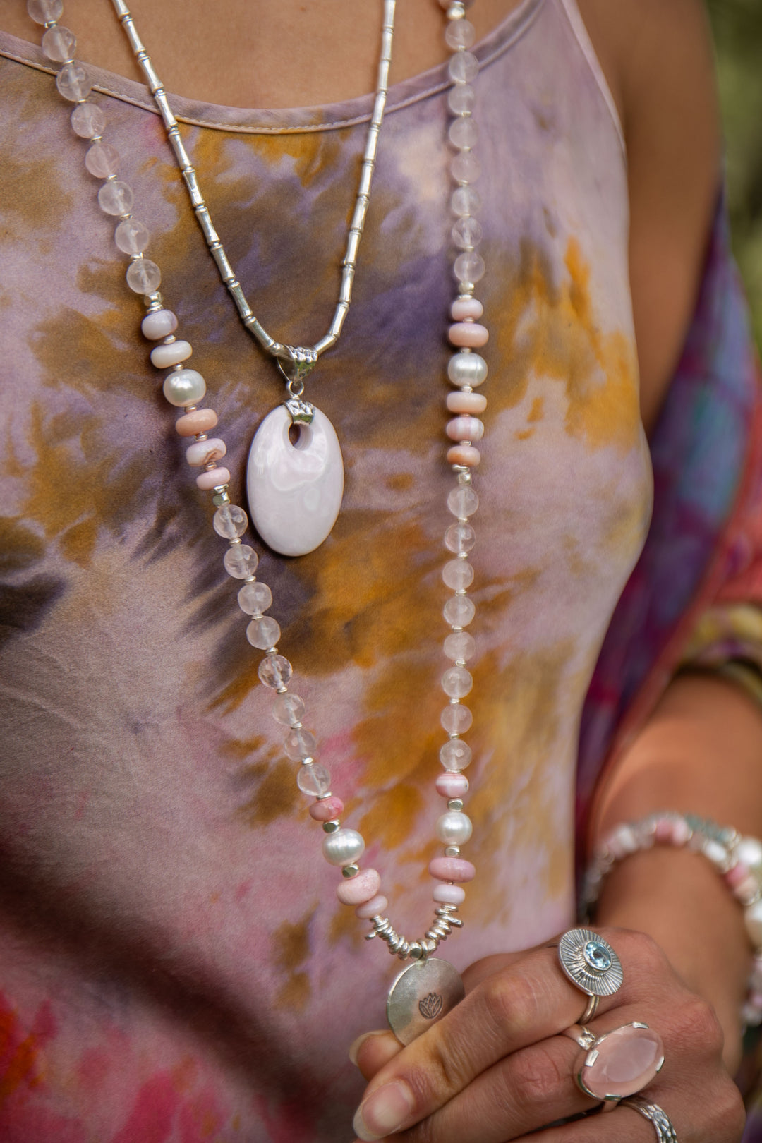Rose Quartz, Pink Opal and Pearl Mala Style Necklace with Thai Hill Tribe Silver + Om Charm