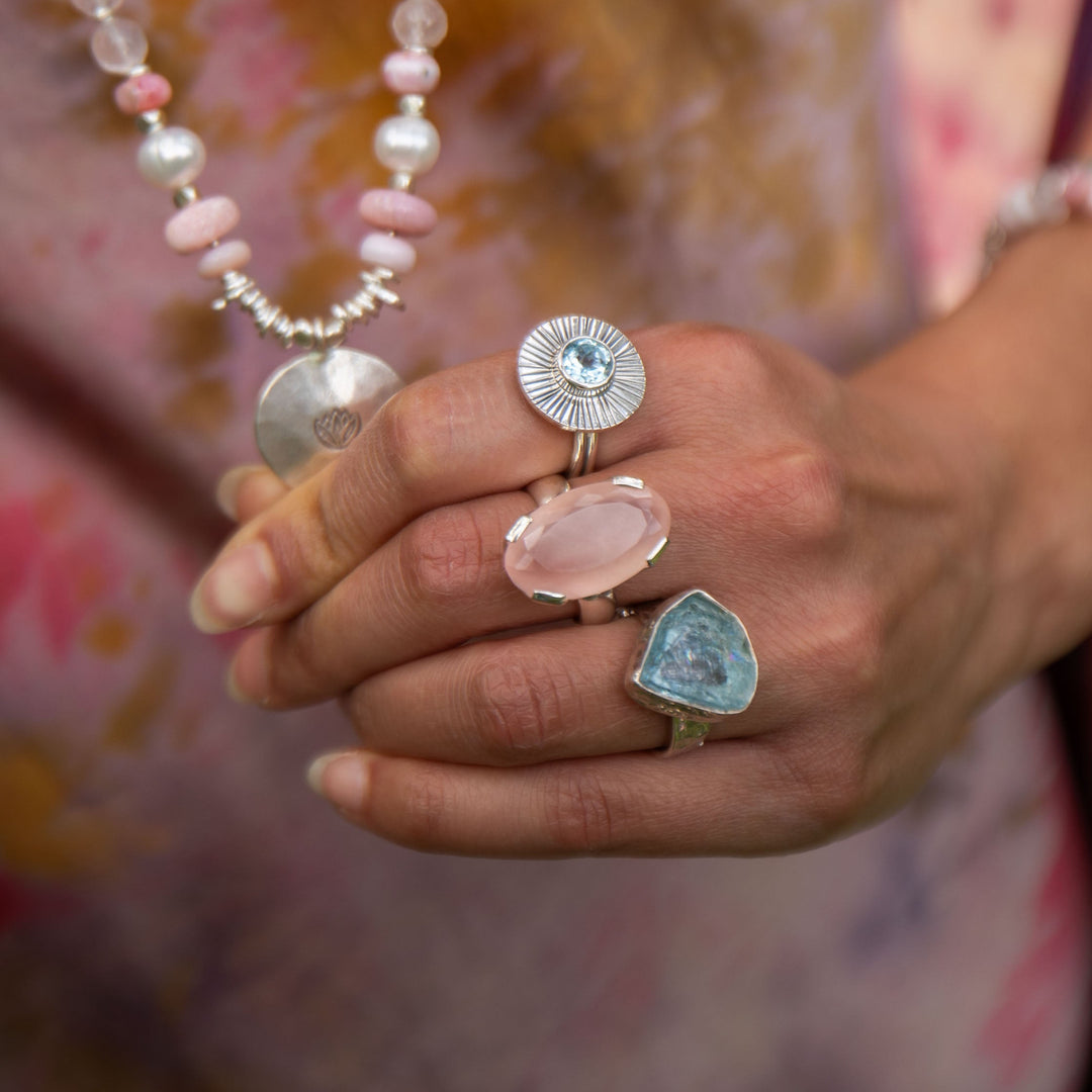 Pink Rose Quartz Ring set in Sterling Silver - Size 8 US