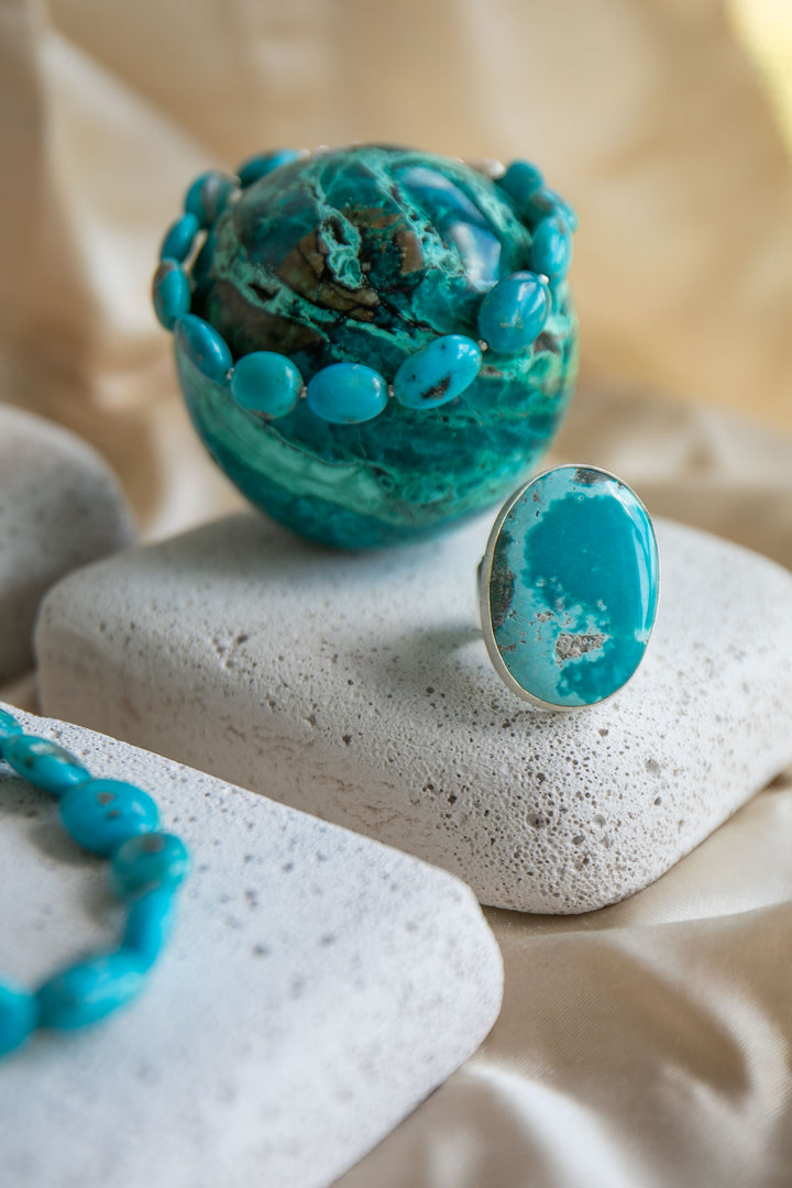Statement Chrysocolla Ring set in Brushed Sterling Silver - Adjustable Band