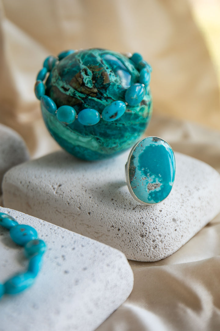 Statement Chrysocolla Ring set in Brushed Sterling Silver - Adjustable Band