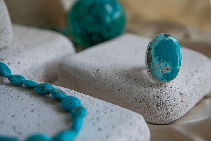 Statement Chrysocolla Ring set in Brushed Sterling Silver - Adjustable Band