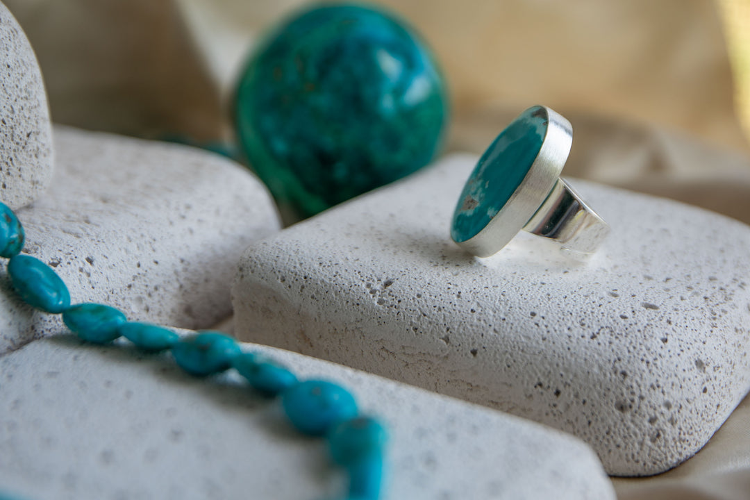 Statement Chrysocolla Ring set in Brushed Sterling Silver - Adjustable Band