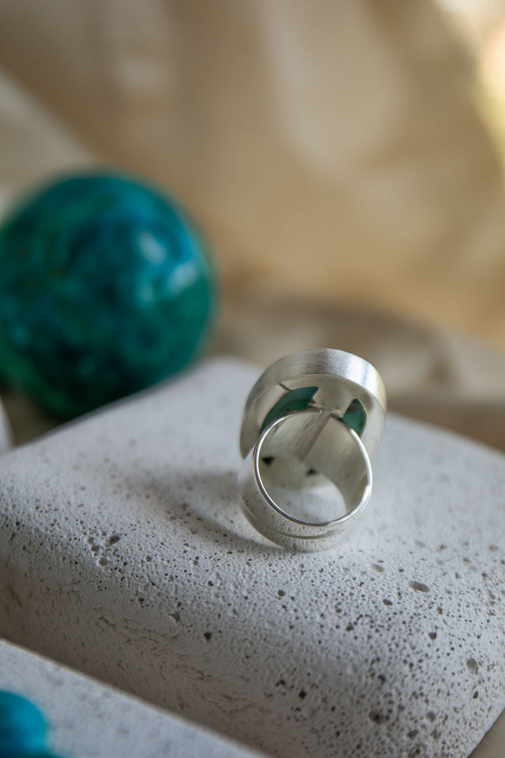 Statement Chrysocolla Ring set in Brushed Sterling Silver - Adjustable Band