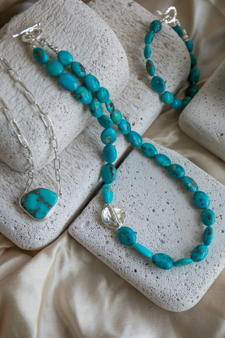 Natural Arizona Turquoise Necklace with Thai Hill Tribe Silver Beads