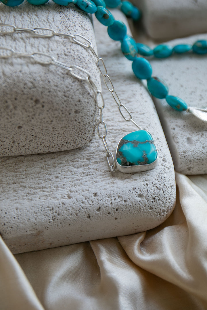 Arizona Turquoise Pendant on Paperclip Sterling Silver Chain