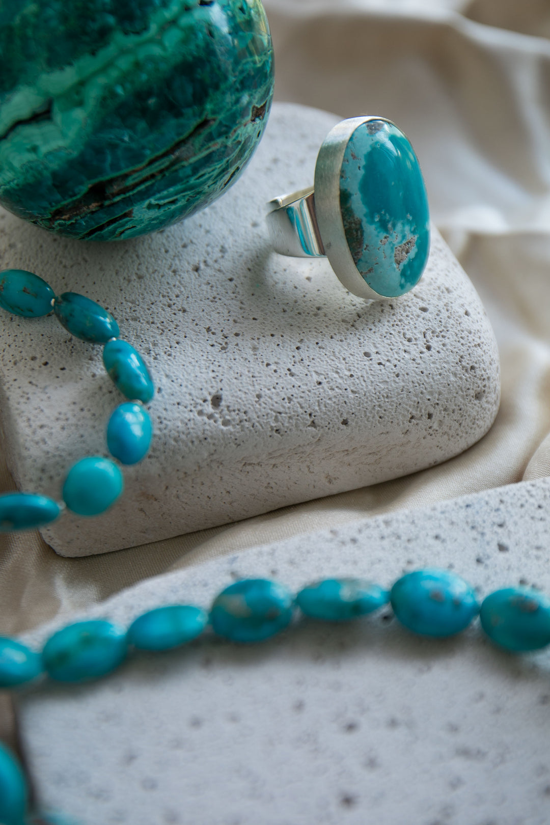 Statement Chrysocolla Ring set in Brushed Sterling Silver - Adjustable Band