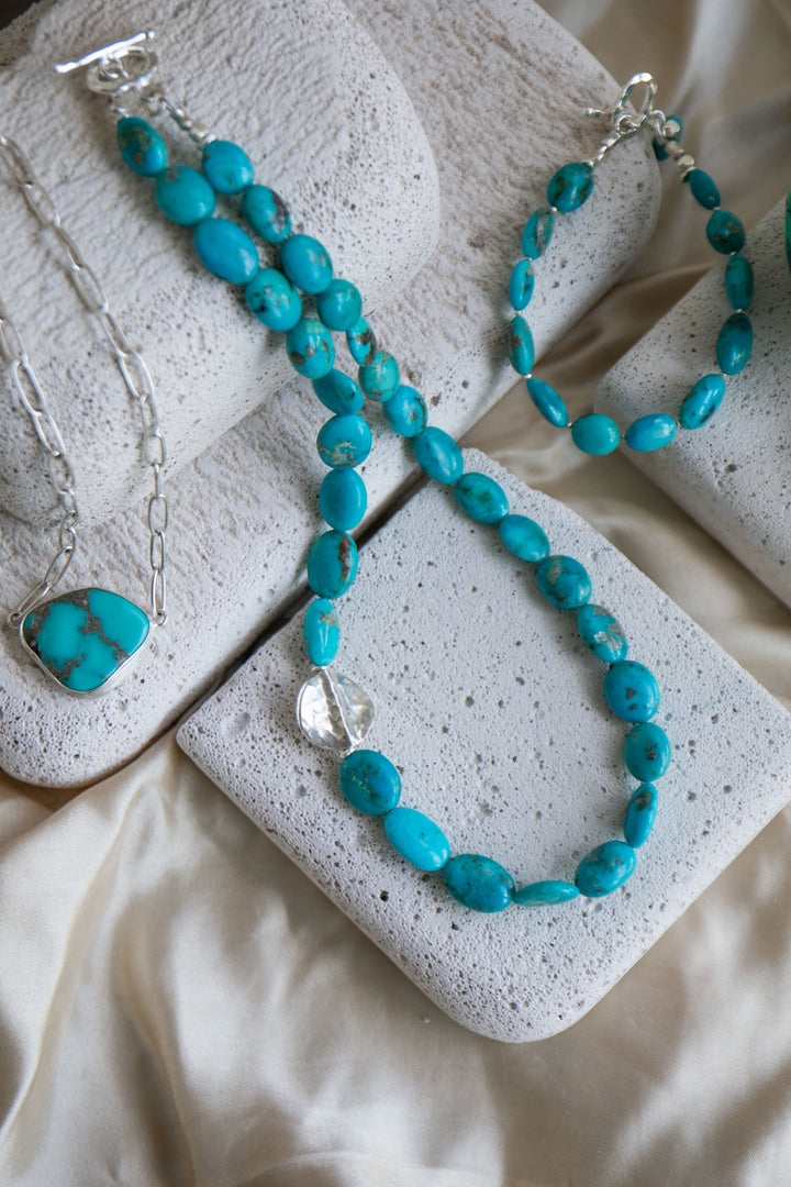 Natural Arizona Turquoise Necklace with Thai Hill Tribe Silver Beads